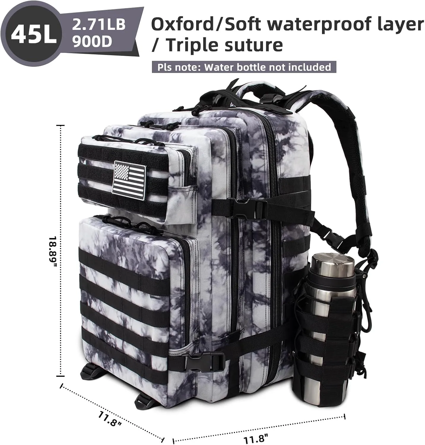 45L Large Tactical Military Backpack for Women and Men, Assault Pack Army 3 Day Molle Bug Out Bag with Adjustable Water Bottle Holder, Gym EDC Daypack Rucksack for Camping Motorcycle, Balck White Camo