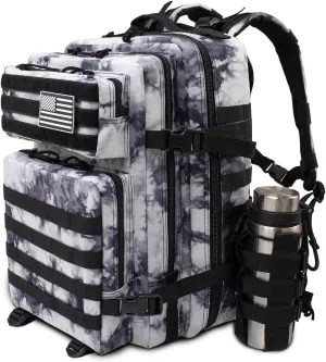 45L Large Tactical Military Backpack for Women and Men, Assault Pack Army 3 Day Molle Bug Out Bag with Adjustable Water Bottle Holder, Gym EDC Daypack Rucksack for Camping Motorcycle, Balck White Camo
