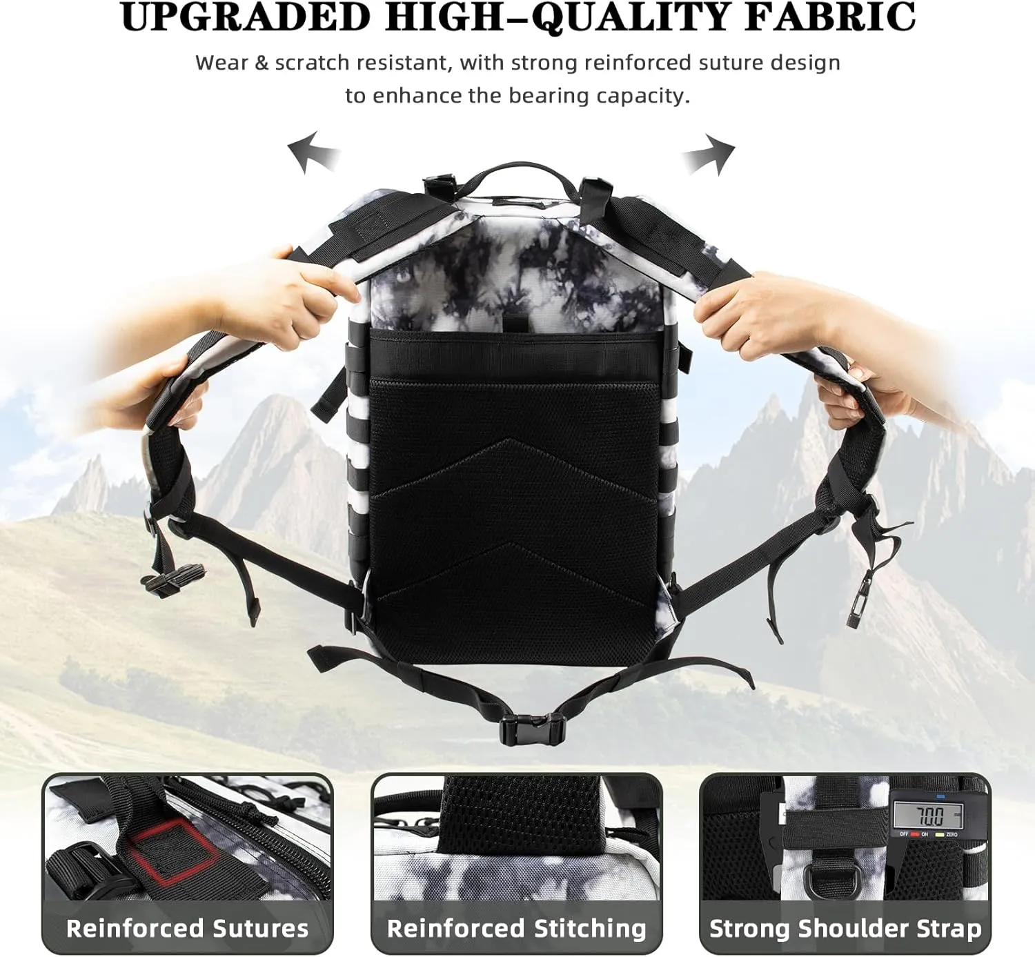 45L Large Tactical Military Backpack for Women and Men, Assault Pack Army 3 Day Molle Bug Out Bag with Adjustable Water Bottle Holder, Gym EDC Daypack Rucksack for Camping Motorcycle, Balck White Camo