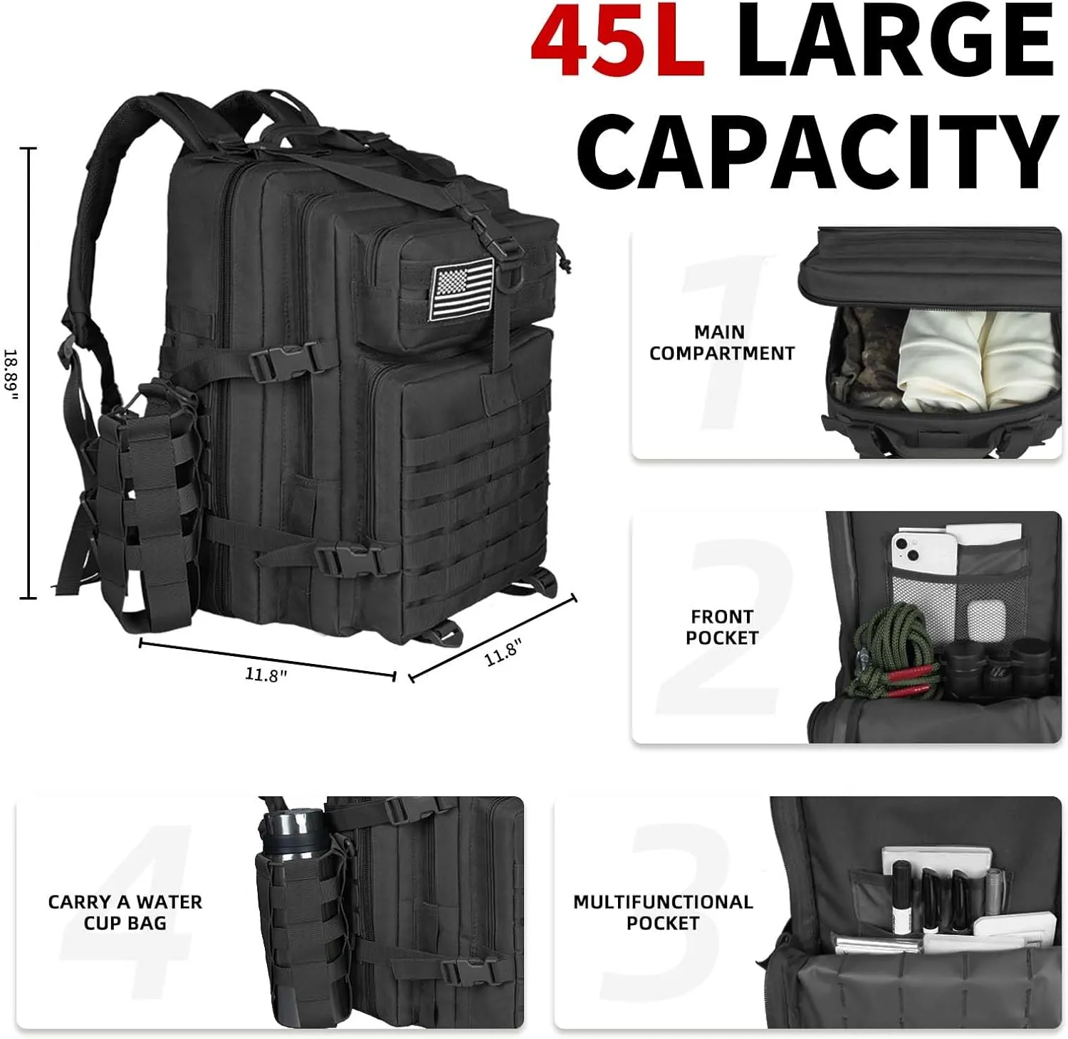45L Military Tactical Backpack For Men Highland Assault Large Army Pack 3 Day Molle Bug Out Bag With Water Cup Bag Outdoor Camping Hiking Daypack Black Rucksack