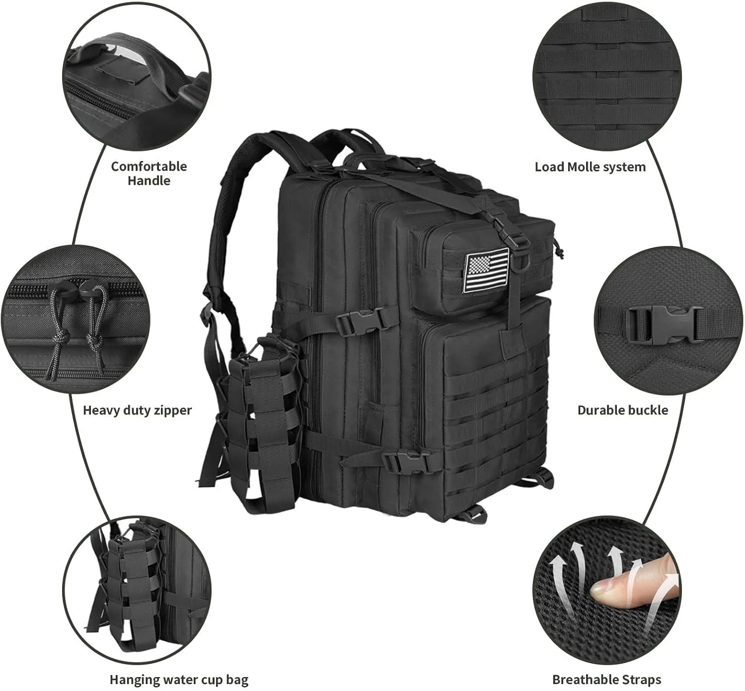 45L Military Tactical Backpack For Men Highland Assault Large Army Pack 3 Day Molle Bug Out Bag With Water Cup Bag Outdoor Camping Hiking Daypack Black Rucksack