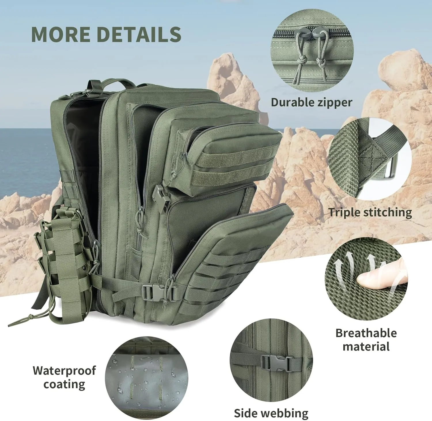 45L Tactical Backpack For Men Highland Assault Large Army Pack 3 Day Molle Bug Out Bag With Water Cup Bag Outdoor Camping Hiking Daypack Military Rucksack Green