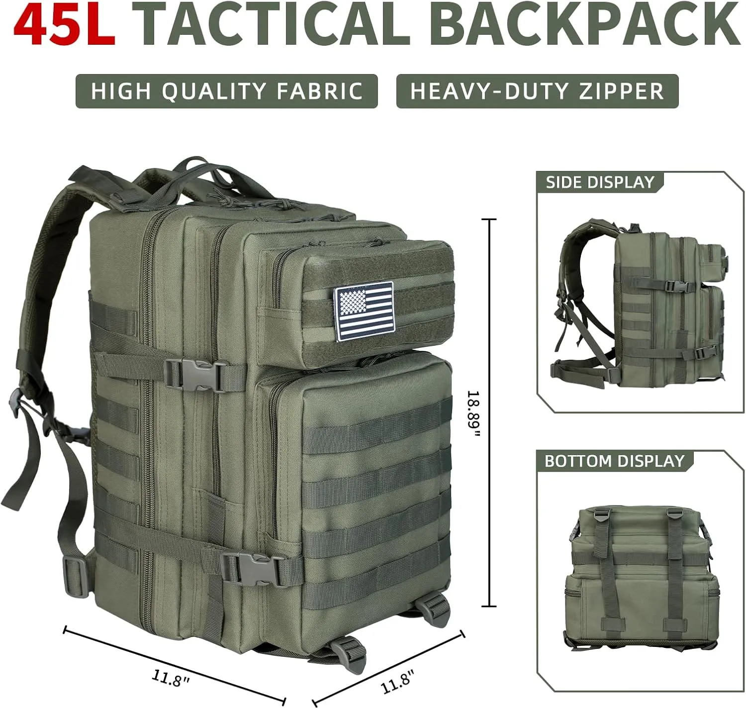 45L Tactical Backpack For Men Highland Assault Large Army Pack 3 Day Molle Bug Out Bag With Water Cup Bag Outdoor Camping Hiking Daypack Military Rucksack Green