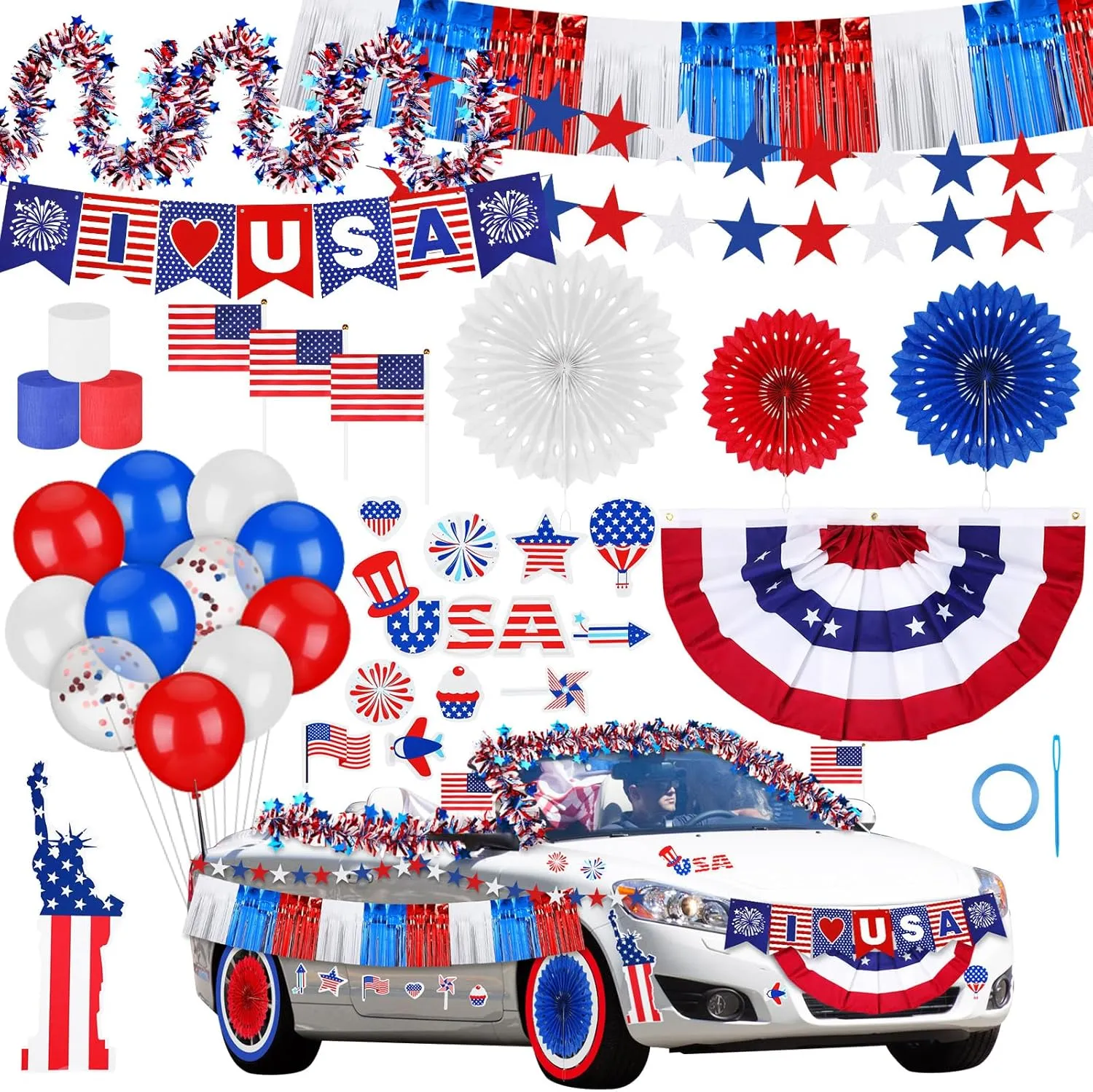 4th of July Parade Patriotic Car Decoration Kit Reflective Magnets Red White Blue Tinsel Garlands American Flag Crepe Paper Streamers Balloons Banners Paper Fans for Independence Day Favor