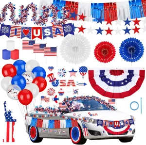 4th of July Parade Patriotic Car Decoration Kit Reflective Magnets Red White Blue Tinsel Garlands American Flag Crepe Paper Streamers Balloons Banners Paper Fans for Independence Day Favor