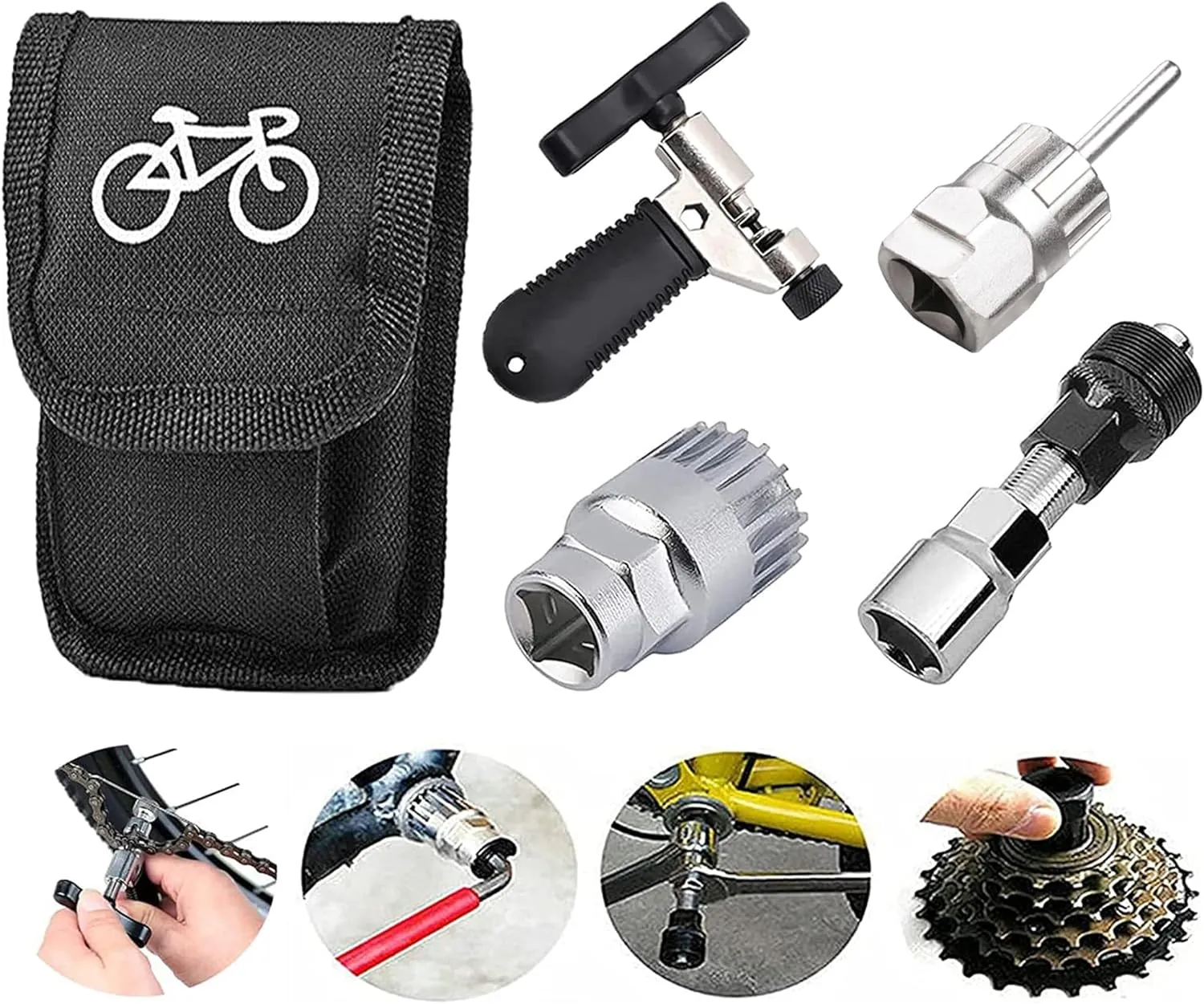 5 in 1 Bike Repair Kit - Cassette Remover, Bottom Bracket Tool, Chain Breaker, Cutter - Black Tool Bag for Shimano, Sram, Campagnolo