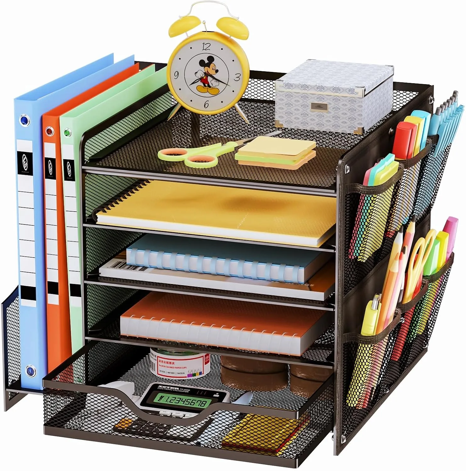 5-Tier Desk Organizer with File Holder, Mesh Paper Letter Tray Organizer with Drawer and Side Bag, Desktop Organizer and Storage with Pen Holder for Office Supplies, Black