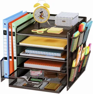 5-Tier Desk Organizer with File Holder, Mesh Paper Letter Tray Organizer with Drawer and Side Bag, Desktop Organizer and Storage with Pen Holder for Office Supplies, Black