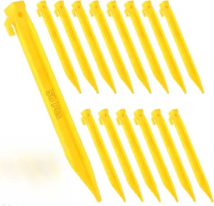 50 Pcs 9-Inch Plastic Tent Stakes, Heavy Duty Triangular Garden Pegs with Hook, Ideal for Secure Tent and Canopy Tie-Downs