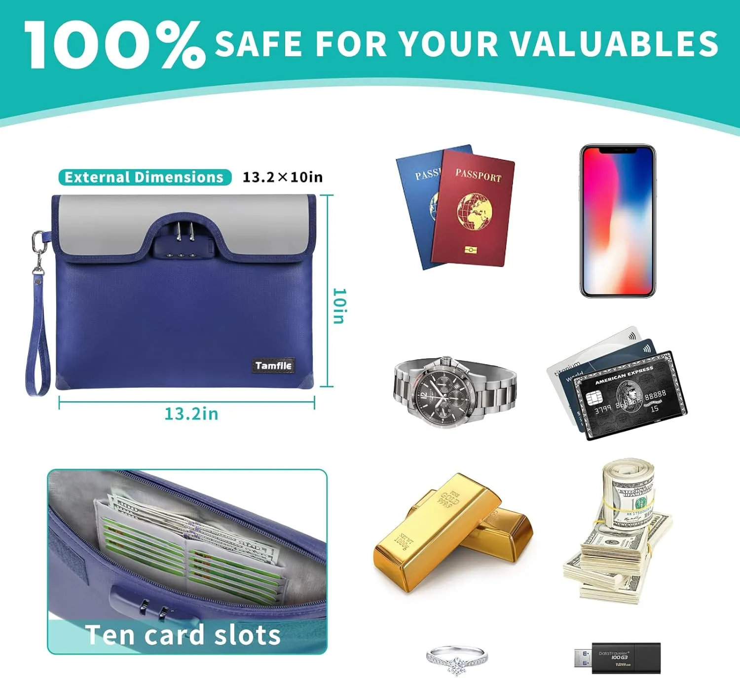 5200°F Fireproof Money Bag with Lock, Water Fireproof Document Bag with Zipper, 8 Layers Fire Insulation, Fireproof Safe Storage Pouch with Lock for Cash, Passport, Certificate(10" x 13", Blue)