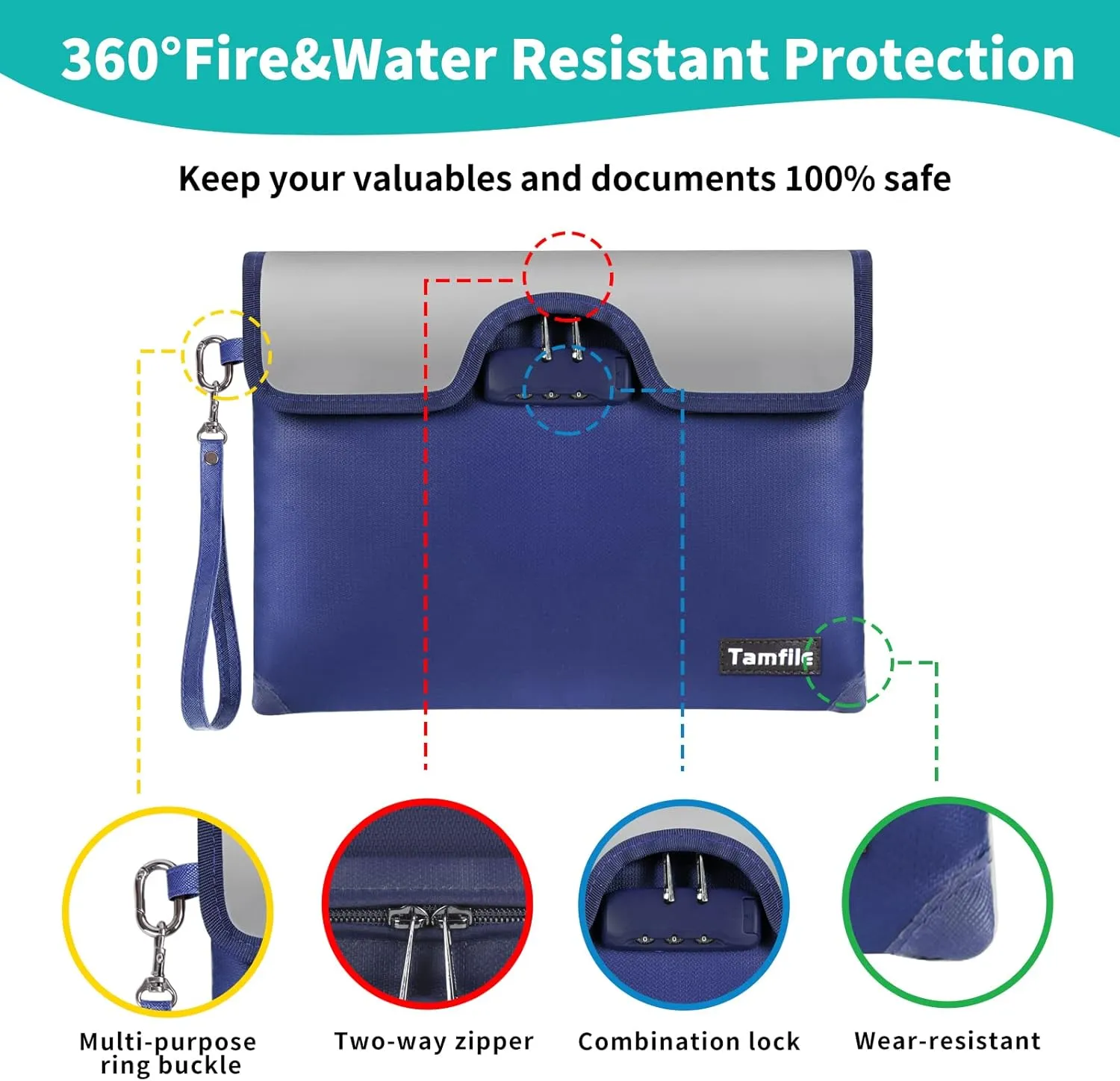 5200°F Fireproof Money Bag with Lock, Water Fireproof Document Bag with Zipper, 8 Layers Fire Insulation, Fireproof Safe Storage Pouch with Lock for Cash, Passport, Certificate(10" x 13", Blue)