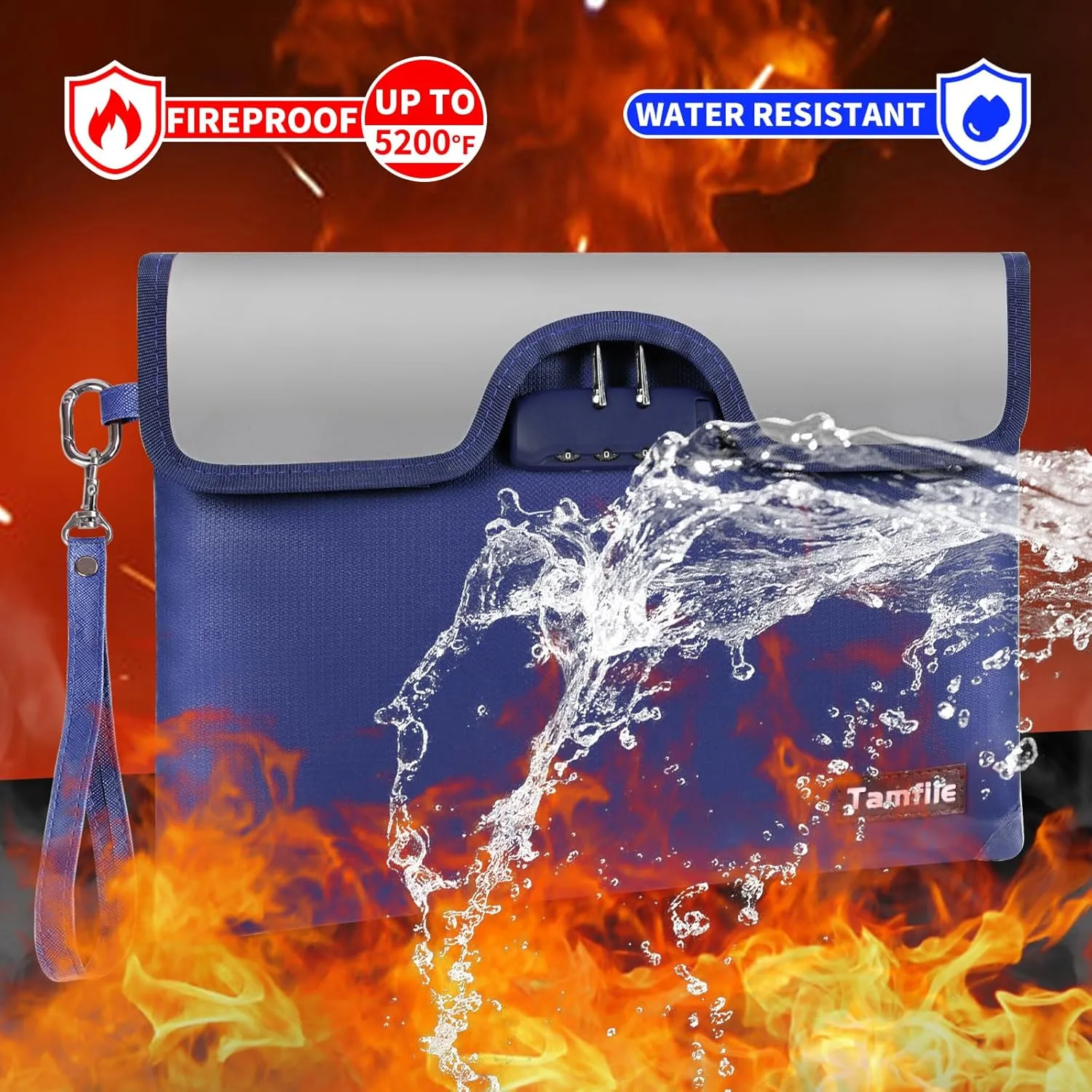5200°F Fireproof Money Bag with Lock, Water Fireproof Document Bag with Zipper, 8 Layers Fire Insulation, Fireproof Safe Storage Pouch with Lock for Cash, Passport, Certificate(10" x 13", Blue)
