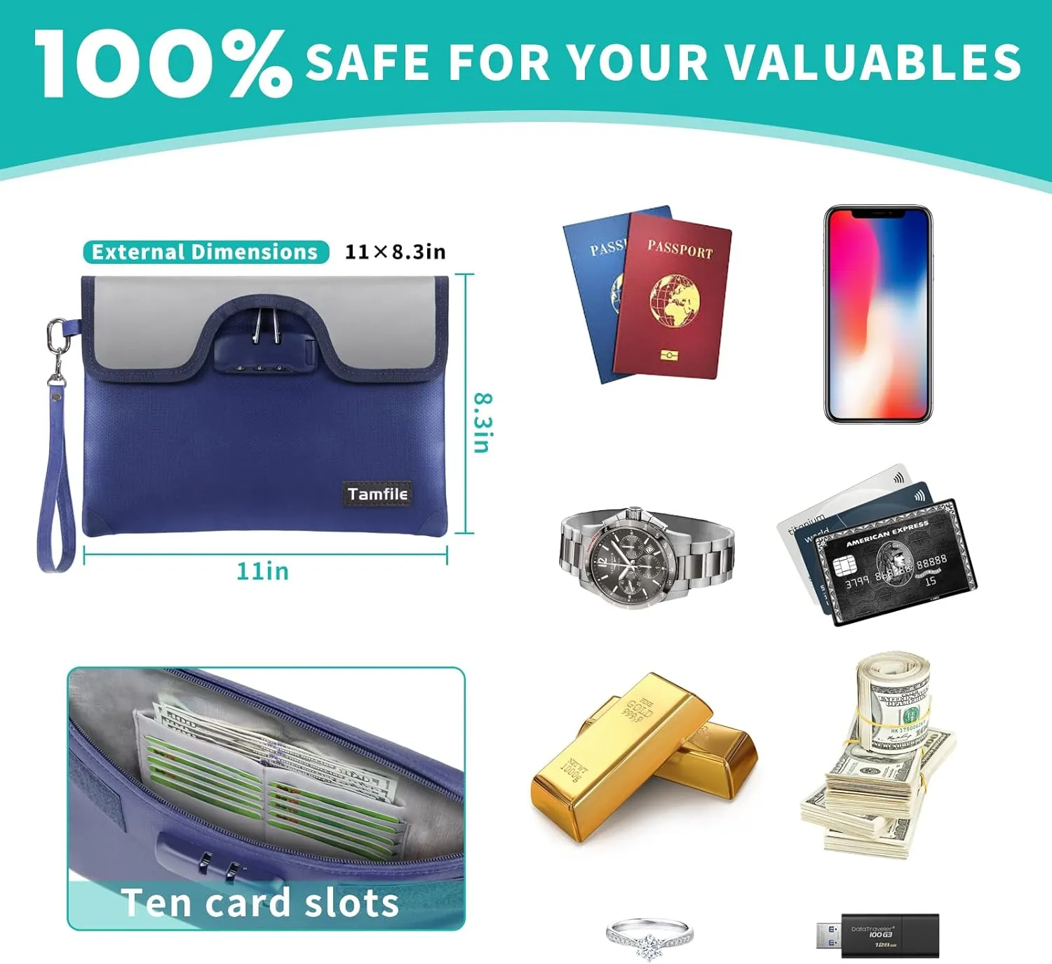 5200°F Fireproof Money Bag with Lock, Water Fireproof Document Bag with Zipper, 8 Layers Fire Insulation, Small Fireproof Safe Storage Pouch with Lock for Cash, Passport, (8.3" x 11", Blue)