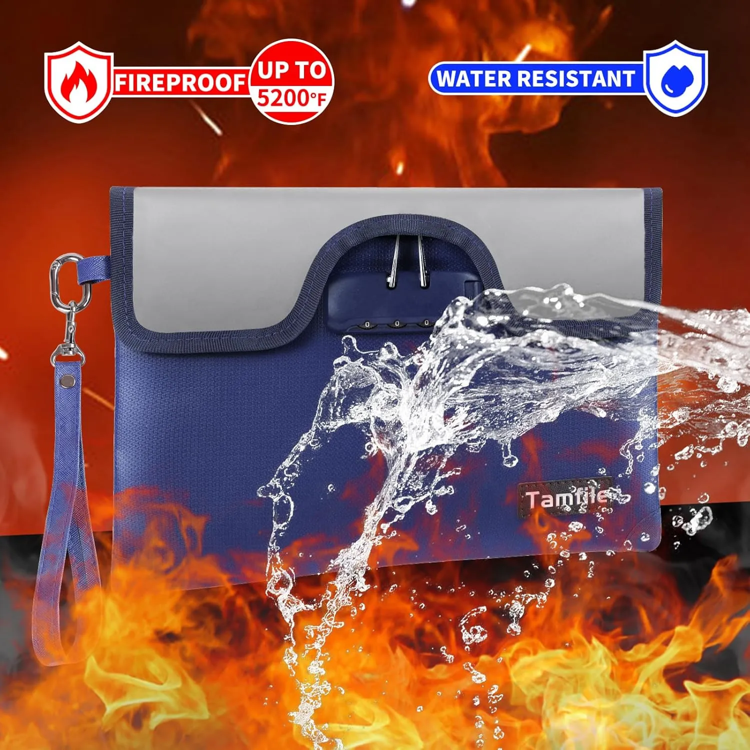 5200°F Fireproof Money Bag with Lock, Water Fireproof Document Bag with Zipper, 8 Layers Fire Insulation, Small Fireproof Safe Storage Pouch with Lock for Cash, Passport, (8.3" x 11", Blue)