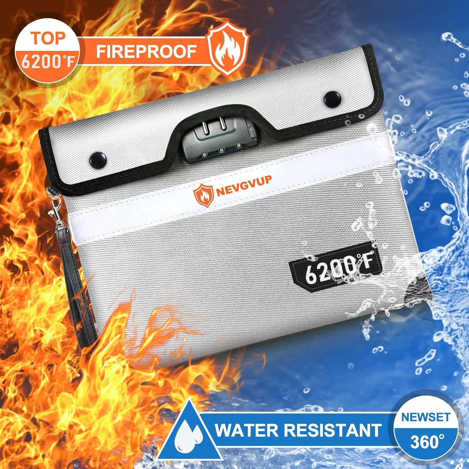 6200F Fireproof Document Safe with Lock, Upgraded Fireproof Money Bag with Zipper/Reflective Strip, 9 Layers of Heat Insulated Materials, Water Resistant