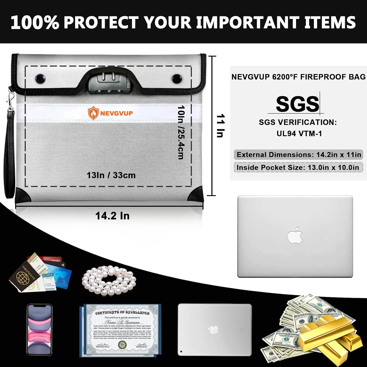 6200F Fireproof Document Safe with Lock, Upgraded Fireproof Money Bag with Zipper/Reflective Strip, 9 Layers of Heat Insulated Materials, Water Resistant