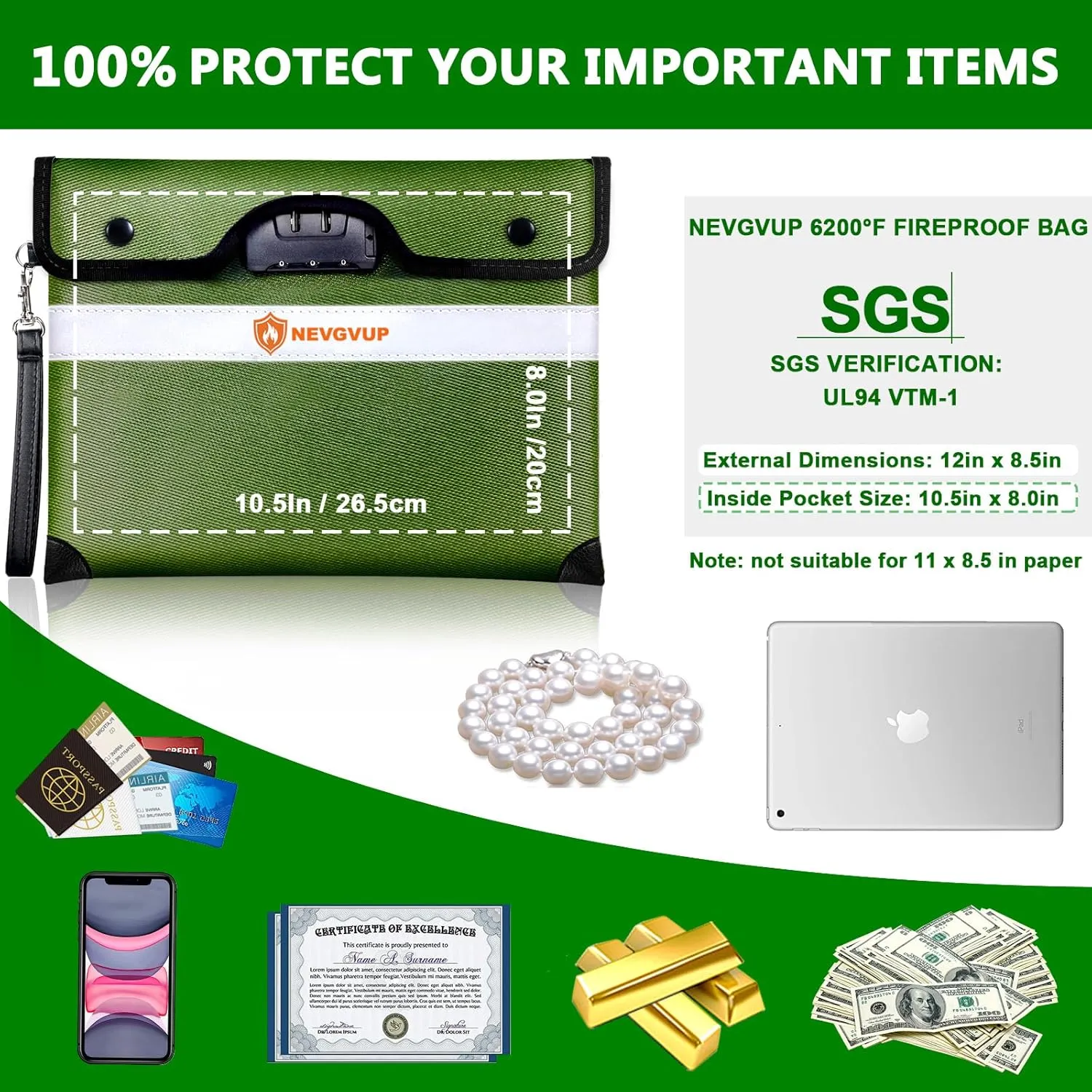6200F Fireproof Money Bag With Lock, Upgraded Fireproof W. Zipper/Reflective Strip, 9 Layers of Heat Insulated Materials, Water Resistant for Cash, A5 Documents