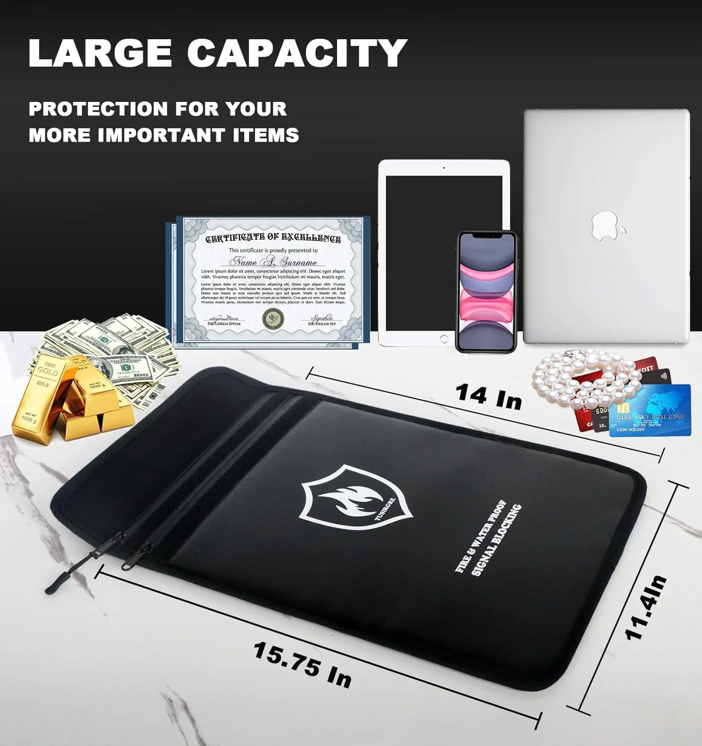 6200°F Upgraded Fireproof Document Bag, 15.7" x 11.4" Faraday Bag, Water Resistant Fireproof Money Bag with Zipper, 18 Layers of Heat Insulated Materials, RFID Blocking Bag, Anti-Theft Anti-Tracking