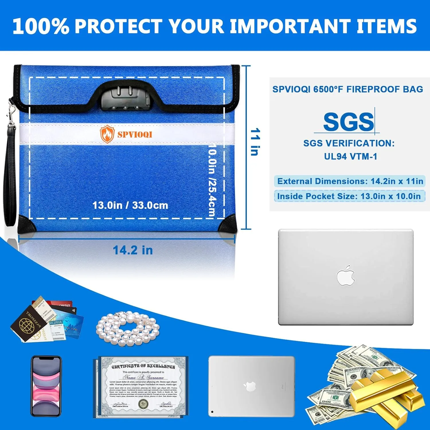 6500°F Fireproof Document Bag with Lock, Upgraded Fireproof Money Bag for Cash w. Zipper/Reflective Strip, 10Layers of Heat Insulated Materials, Water Resistant Fireproof Bag for Documents, Fire Bag
