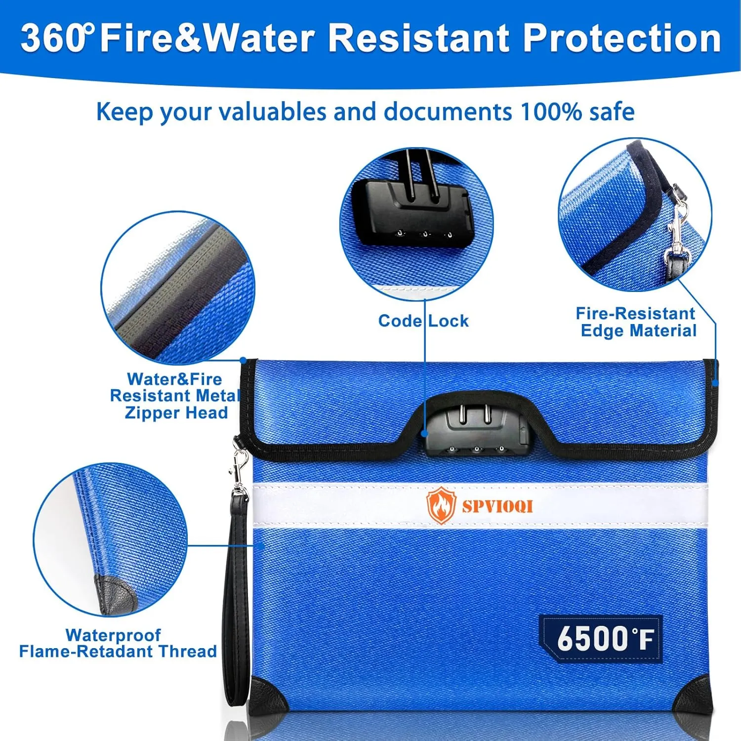 6500°F Fireproof Document Bag with Lock, Upgraded Fireproof Money Bag for Cash w. Zipper/Reflective Strip, 10Layers of Heat Insulated Materials, Water Resistant Fireproof Bag for Documents, Fire Bag