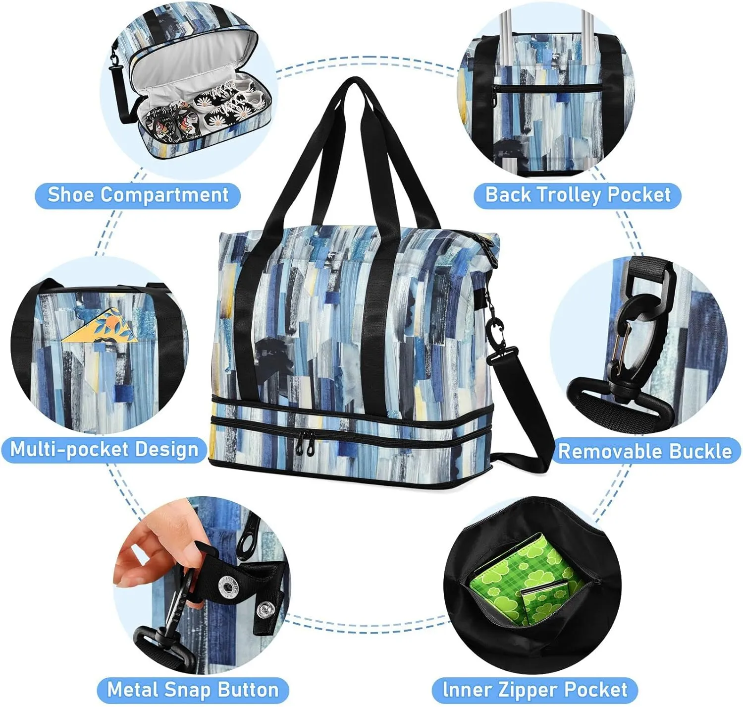 Abstract Multicolor Stripes Ink Texture Blue Dark Grey Yellow Gym Duffel Bag, Polyester Travel Weekender Luggage Handbag with Waterproof Pocket for Wet Items, Unisex Foldable Tote for Sports