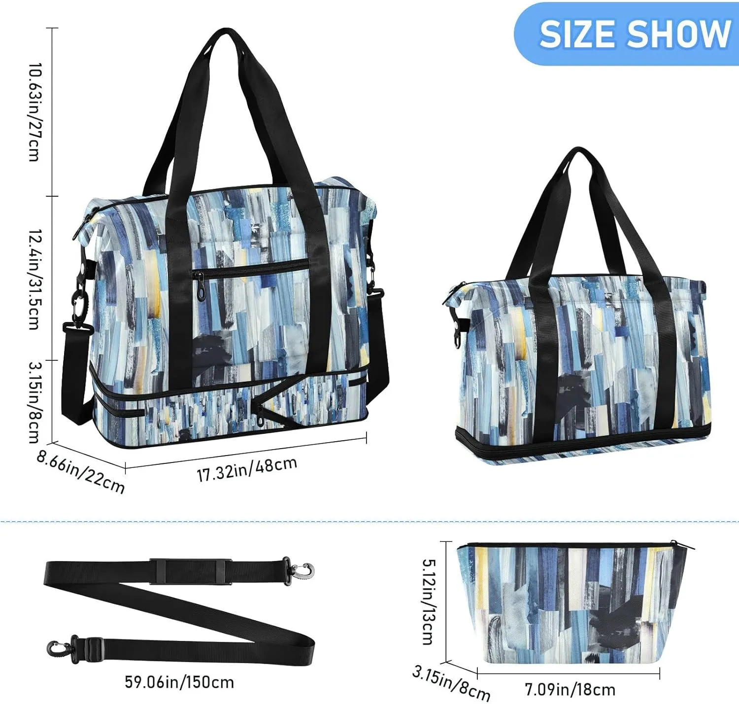 Abstract Multicolor Stripes Ink Texture Blue Dark Grey Yellow Gym Duffel Bag, Polyester Travel Weekender Luggage Handbag with Waterproof Pocket for Wet Items, Unisex Foldable Tote for Sports