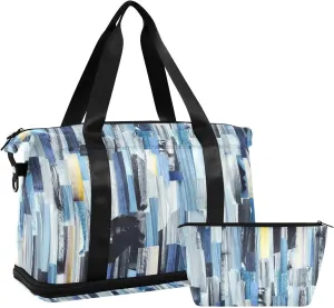 Abstract Multicolor Stripes Ink Texture Blue Dark Grey Yellow Gym Duffel Bag, Polyester Travel Weekender Luggage Handbag with Waterproof Pocket for Wet Items, Unisex Foldable Tote for Sports