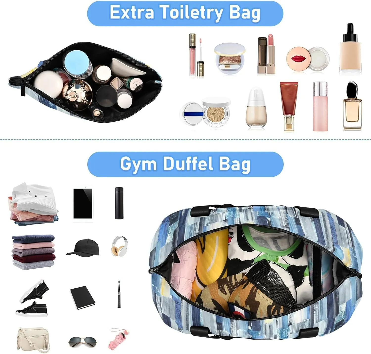 Abstract Multicolor Stripes Ink Texture Blue Dark Grey Yellow Gym Duffel Bag, Polyester Travel Weekender Luggage Handbag with Waterproof Pocket for Wet Items, Unisex Foldable Tote for Sports