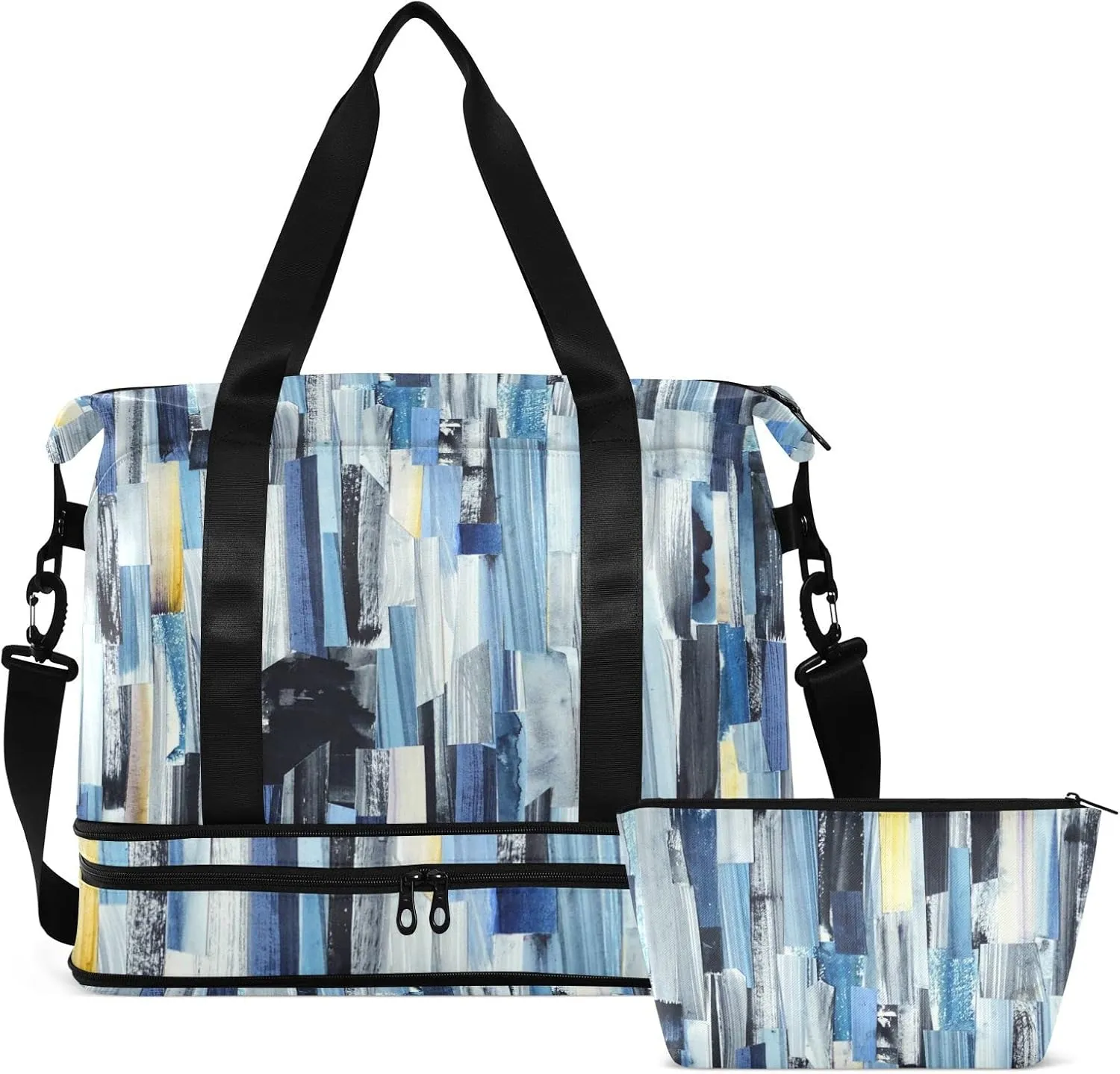 Abstract Multicolor Stripes Ink Texture Blue Dark Grey Yellow Gym Duffel Bag, Polyester Travel Weekender Luggage Handbag with Waterproof Pocket for Wet Items, Unisex Foldable Tote for Sports