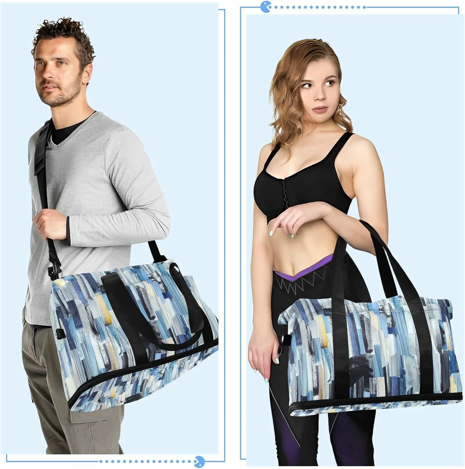 Abstract Multicolor Stripes Ink Texture Blue Dark Grey Yellow Gym Duffel Bag, Polyester Travel Weekender Luggage Handbag with Waterproof Pocket for Wet Items, Unisex Foldable Tote for Sports