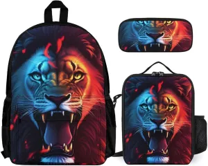 Adults Daypack - Cool Lion Red Fire Surreal Style Art Shoulder Bag 3 Piece College Daypack Travel Hiking Backpack, 3 Piece Climbing Shoulder Bag