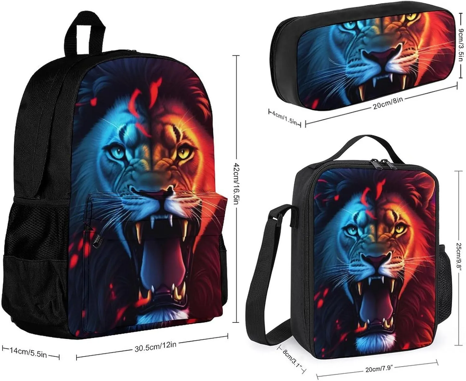 Adults Daypack - Cool Lion Red Fire Surreal Style Art Shoulder Bag 3 Piece College Daypack Travel Hiking Backpack, 3 Piece Climbing Shoulder Bag