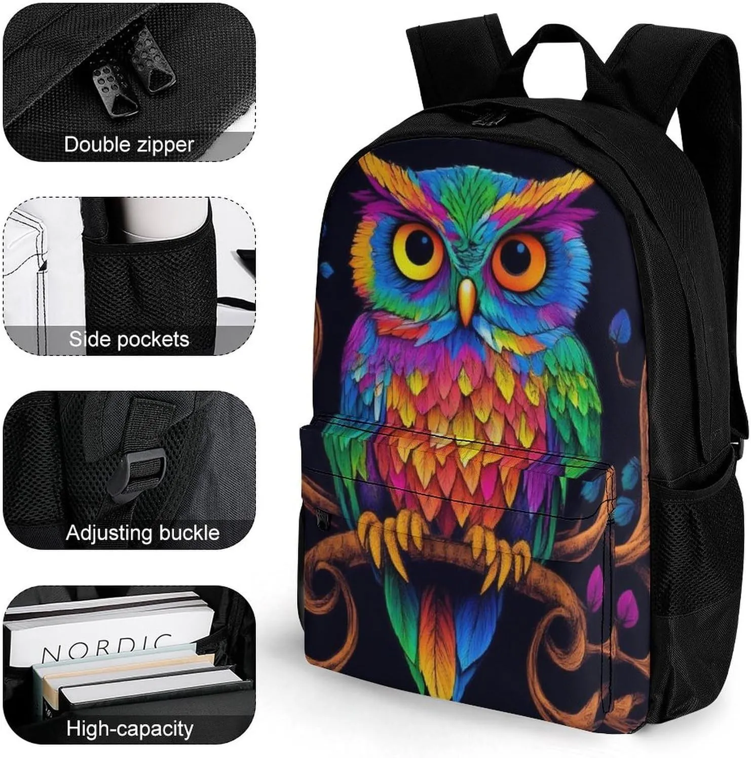 Adults Lightweight Colorful Owl Wild Bird Art Rucksacks Large Capacity Bookbag With Adjustable Shoulder Straps for Trekking Outdoors Bicycle