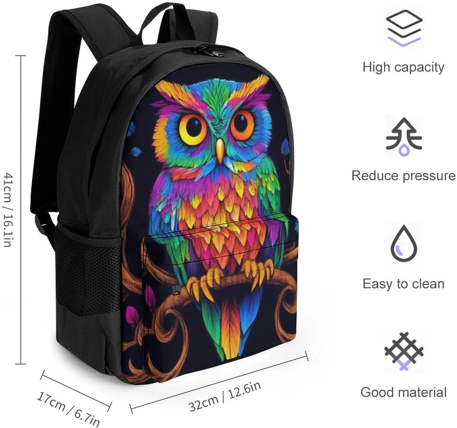 Adults Lightweight Colorful Owl Wild Bird Art Rucksacks Large Capacity Bookbag With Adjustable Shoulder Straps for Trekking Outdoors Bicycle