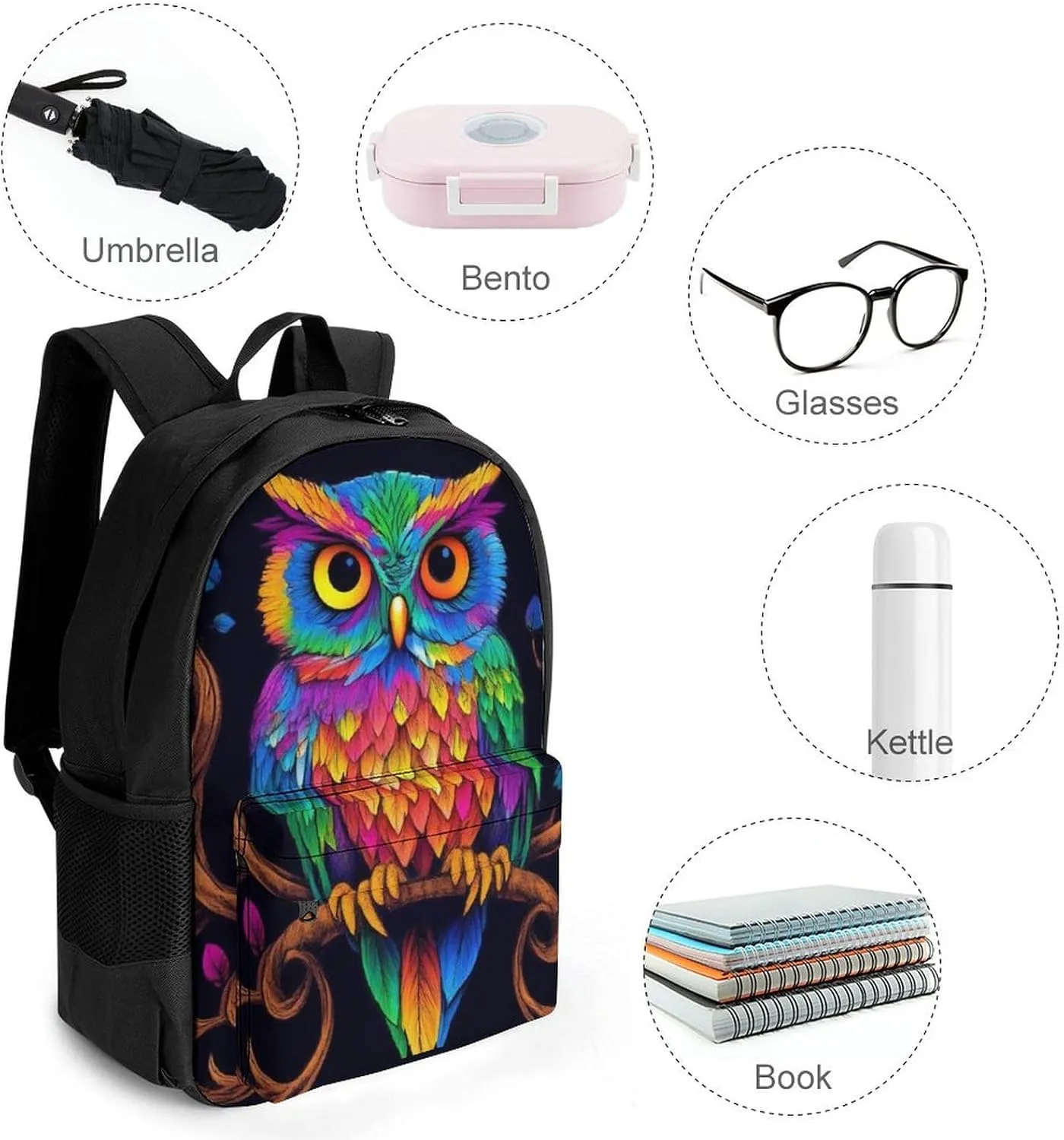 Adults Lightweight Colorful Owl Wild Bird Art Rucksacks Large Capacity Bookbag With Adjustable Shoulder Straps for Trekking Outdoors Bicycle
