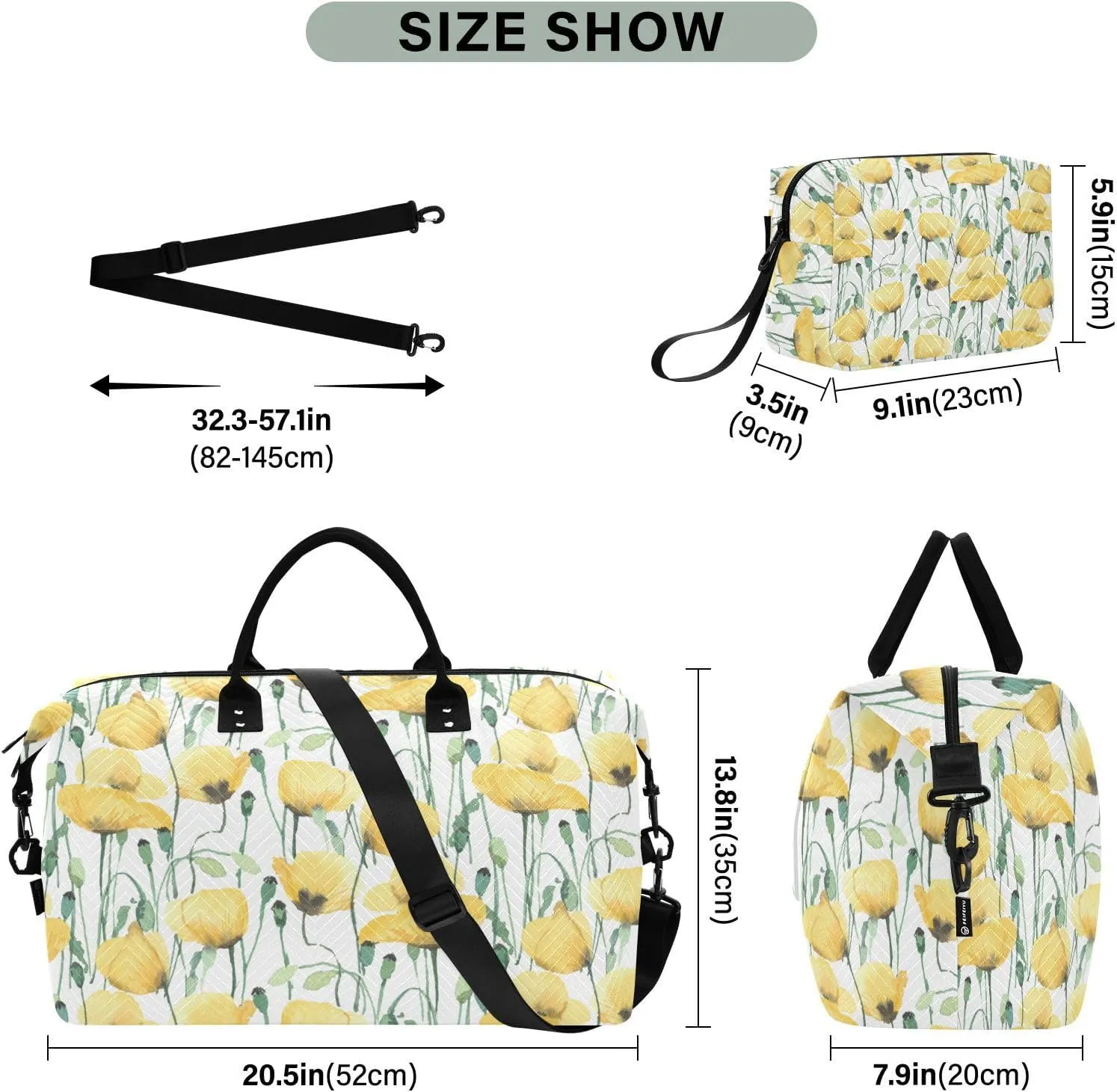 Aflyko Botanic Travel Duffel Bag Cute Yellow Poppy Watercolor Sport Tote Gym Bag Weekender Overnight Bag for Men Women Flight Approved Carry On Bag Fitness Dance Go-To Bag Daily Bag
