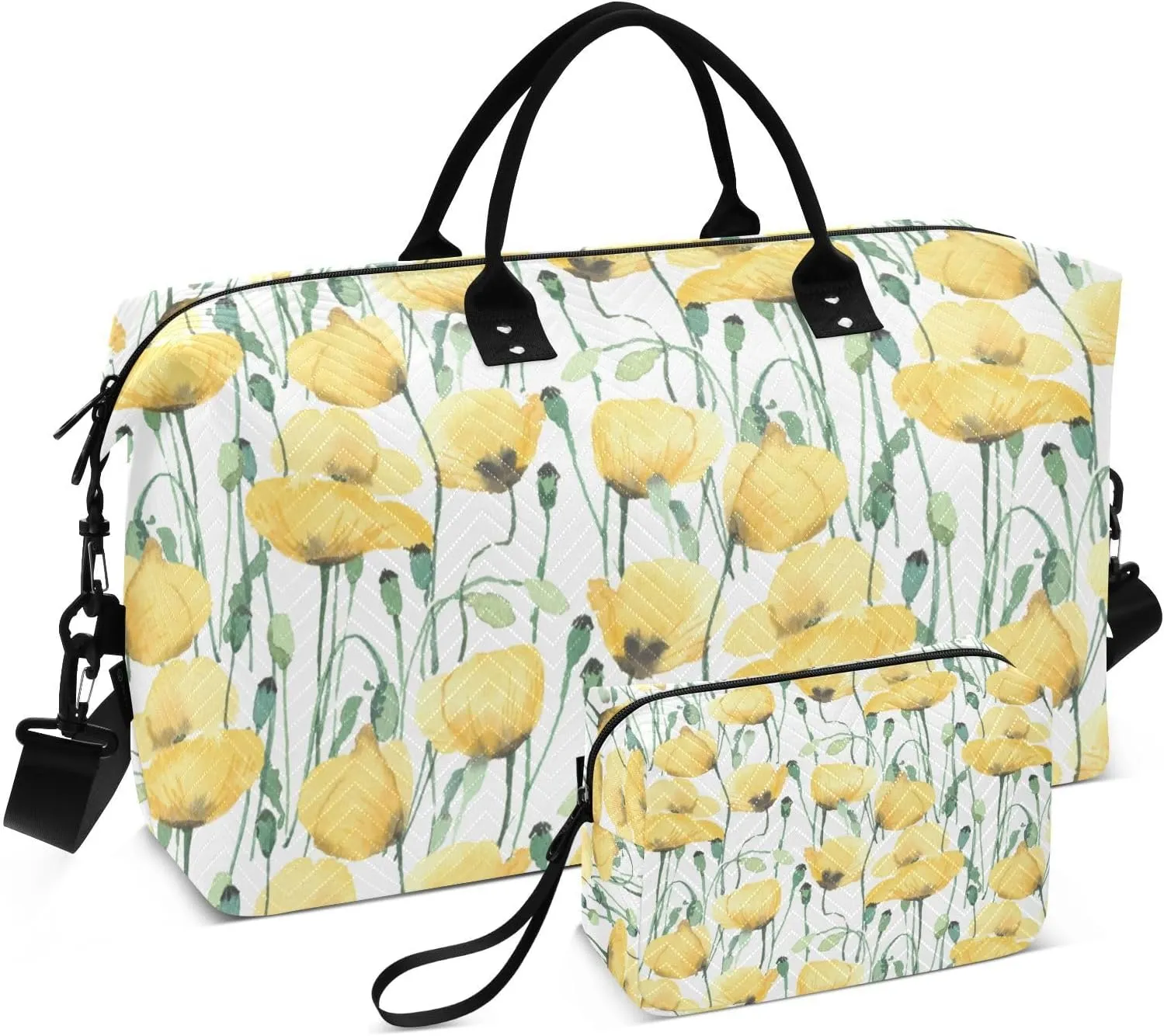 Aflyko Botanic Travel Duffel Bag Cute Yellow Poppy Watercolor Sport Tote Gym Bag Weekender Overnight Bag for Men Women Flight Approved Carry On Bag Fitness Dance Go-To Bag Daily Bag