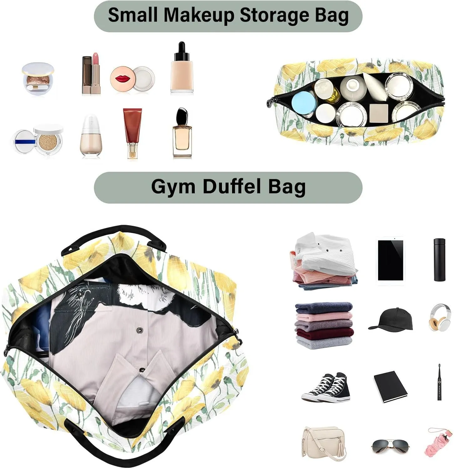 Aflyko Botanic Travel Duffel Bag Cute Yellow Poppy Watercolor Sport Tote Gym Bag Weekender Overnight Bag for Men Women Flight Approved Carry On Bag Fitness Dance Go-To Bag Daily Bag