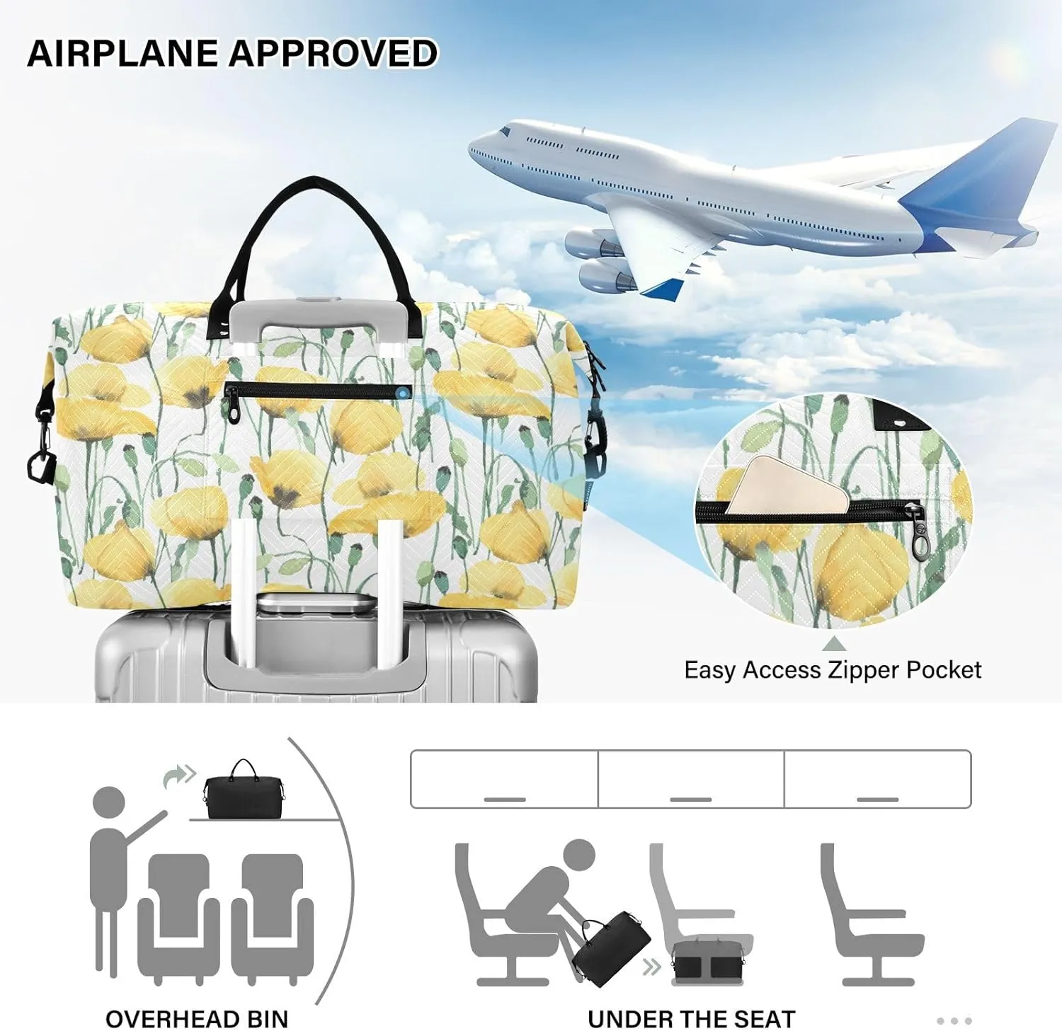Aflyko Botanic Travel Duffel Bag Cute Yellow Poppy Watercolor Sport Tote Gym Bag Weekender Overnight Bag for Men Women Flight Approved Carry On Bag Fitness Dance Go-To Bag Daily Bag