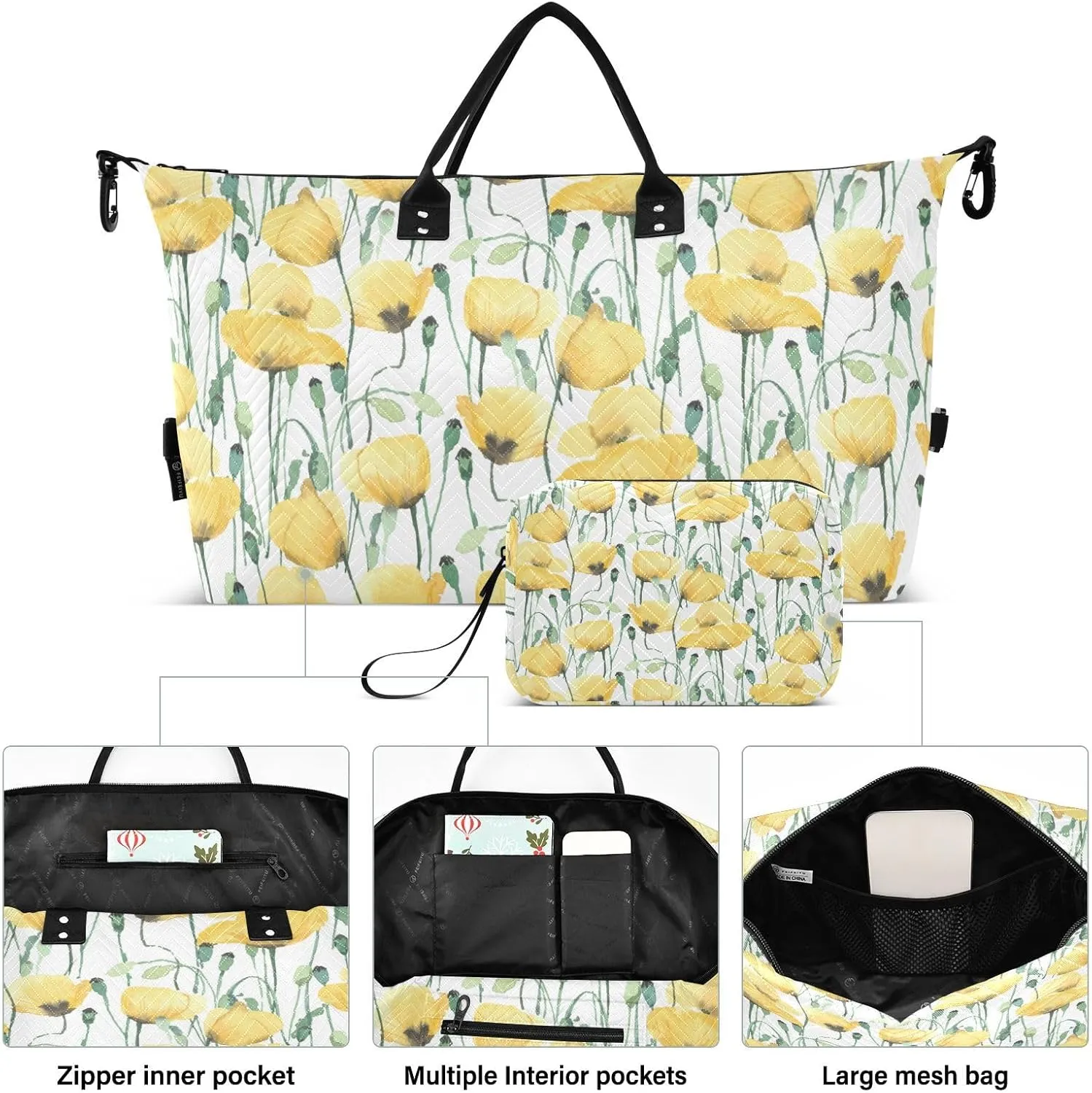 Aflyko Botanic Travel Duffel Bag Cute Yellow Poppy Watercolor Sport Tote Gym Bag Weekender Overnight Bag for Men Women Flight Approved Carry On Bag Fitness Dance Go-To Bag Daily Bag