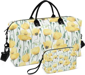Aflyko Botanic Travel Duffel Bag Cute Yellow Poppy Watercolor Sport Tote Gym Bag Weekender Overnight Bag for Men Women Flight Approved Carry On Bag Fitness Dance Go-To Bag Daily Bag