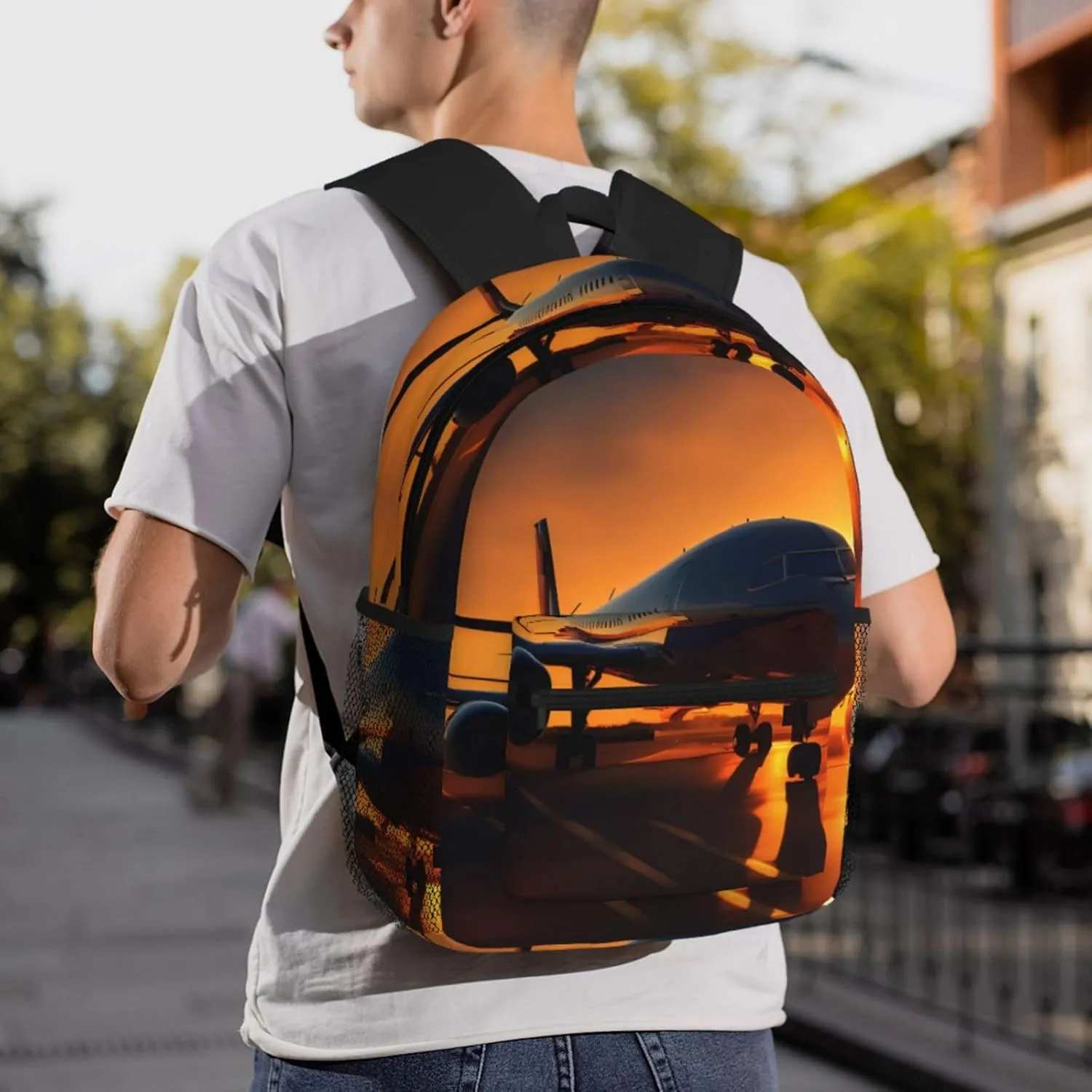 Airplane At Sunset Print Backpack For Men And Women Lightweight Backpack Casual Daypack For Workplace Travel
