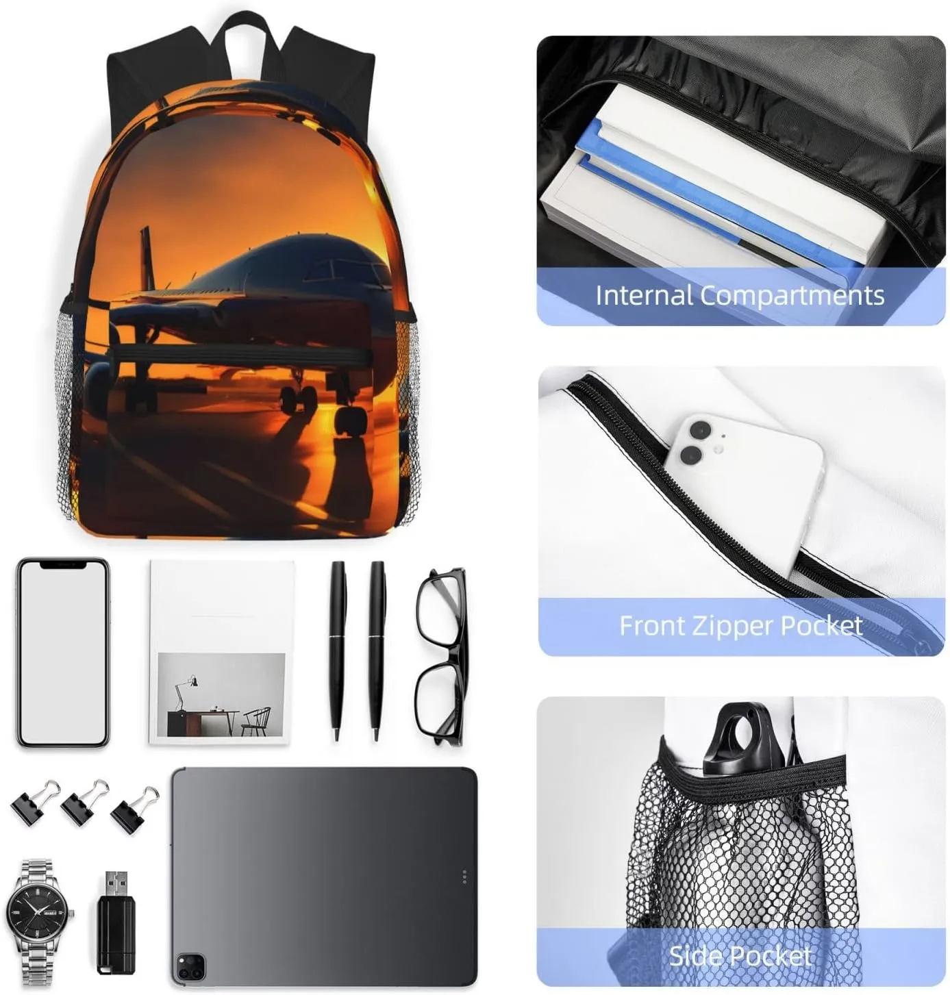 Airplane At Sunset Print Backpack For Men And Women Lightweight Backpack Casual Daypack For Workplace Travel
