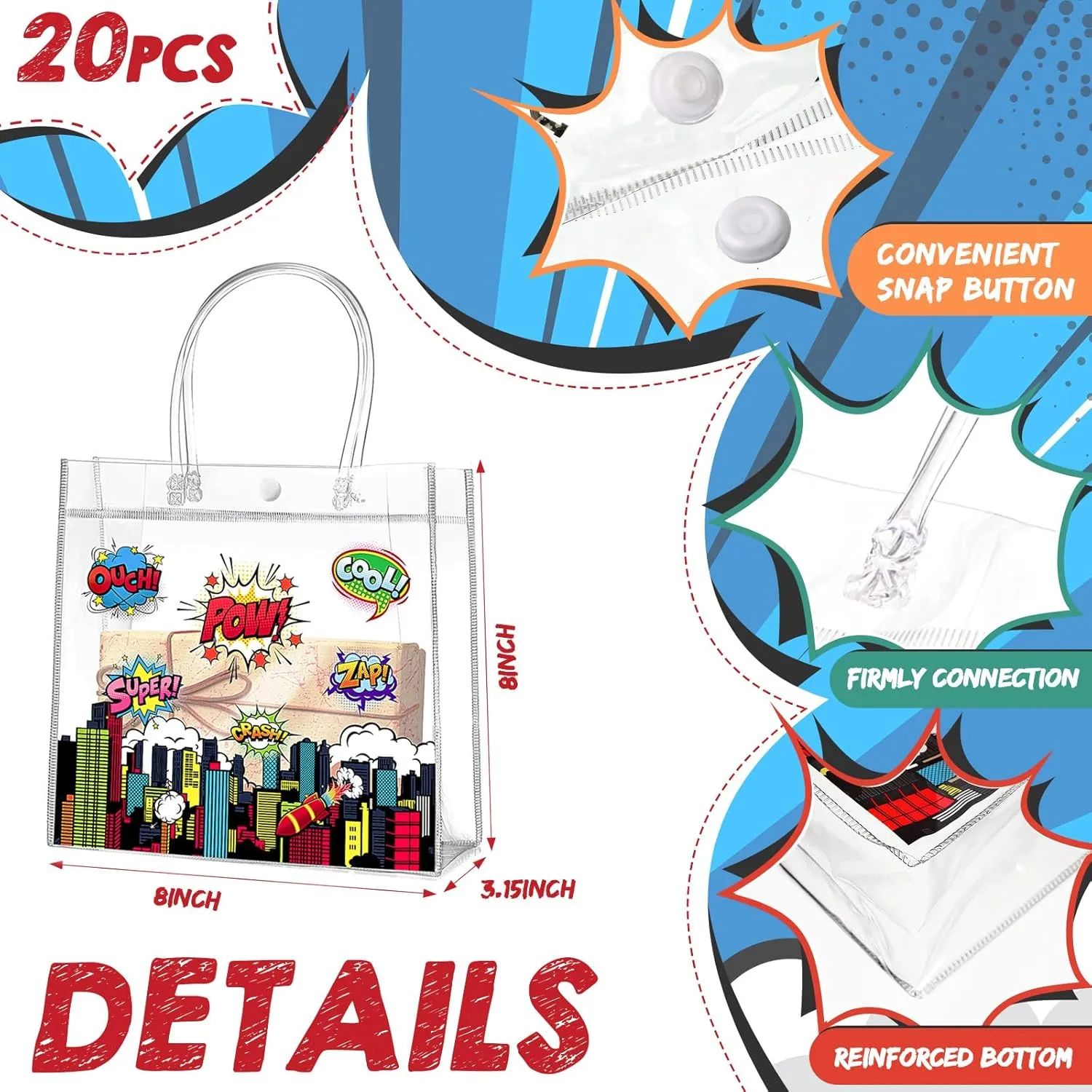 Aliceset 20 Pcs Hero Clear Favor Bags with Handles Hero Party PVC Treat Plastic Gift Bags for Birthday Party Rewards Supplies, 8 x 8 x 3.15 Inch