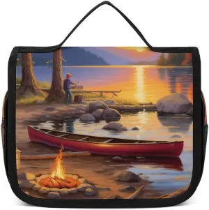Alpine Lakeside Cabin Bonfire Portable Toiletry Bags,Travel Makeup Bags,Travel Cosmetic Bags,with Handle,Large Capacity