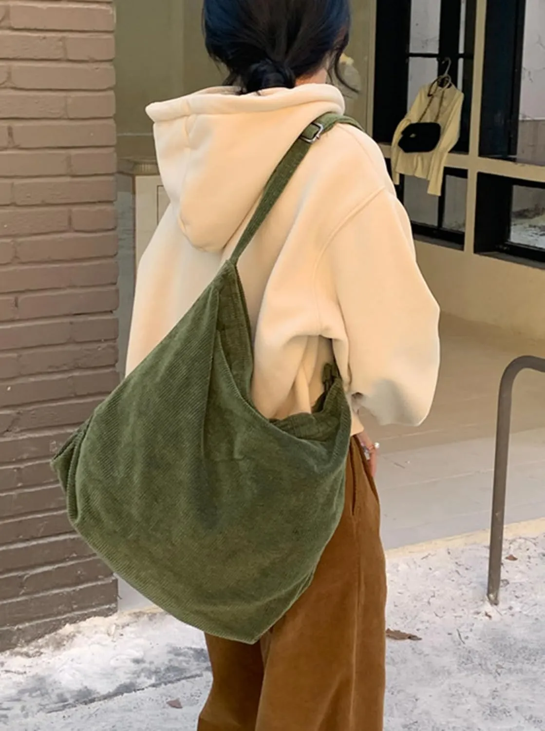 ALUWU Corduroy Tote Bag for Women Girl Canvas Shoulder Handbags Cute Large Purse