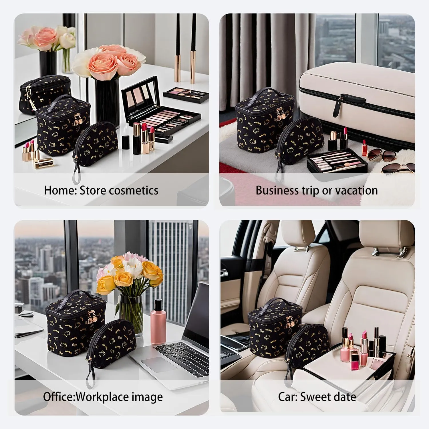 AmBealla Make up Bag Travel Cosmetic Bags Brush Holder Zipper Pouch Case Organizer Cute Organizer Suitable for Purse for Women (Black 2PCS)