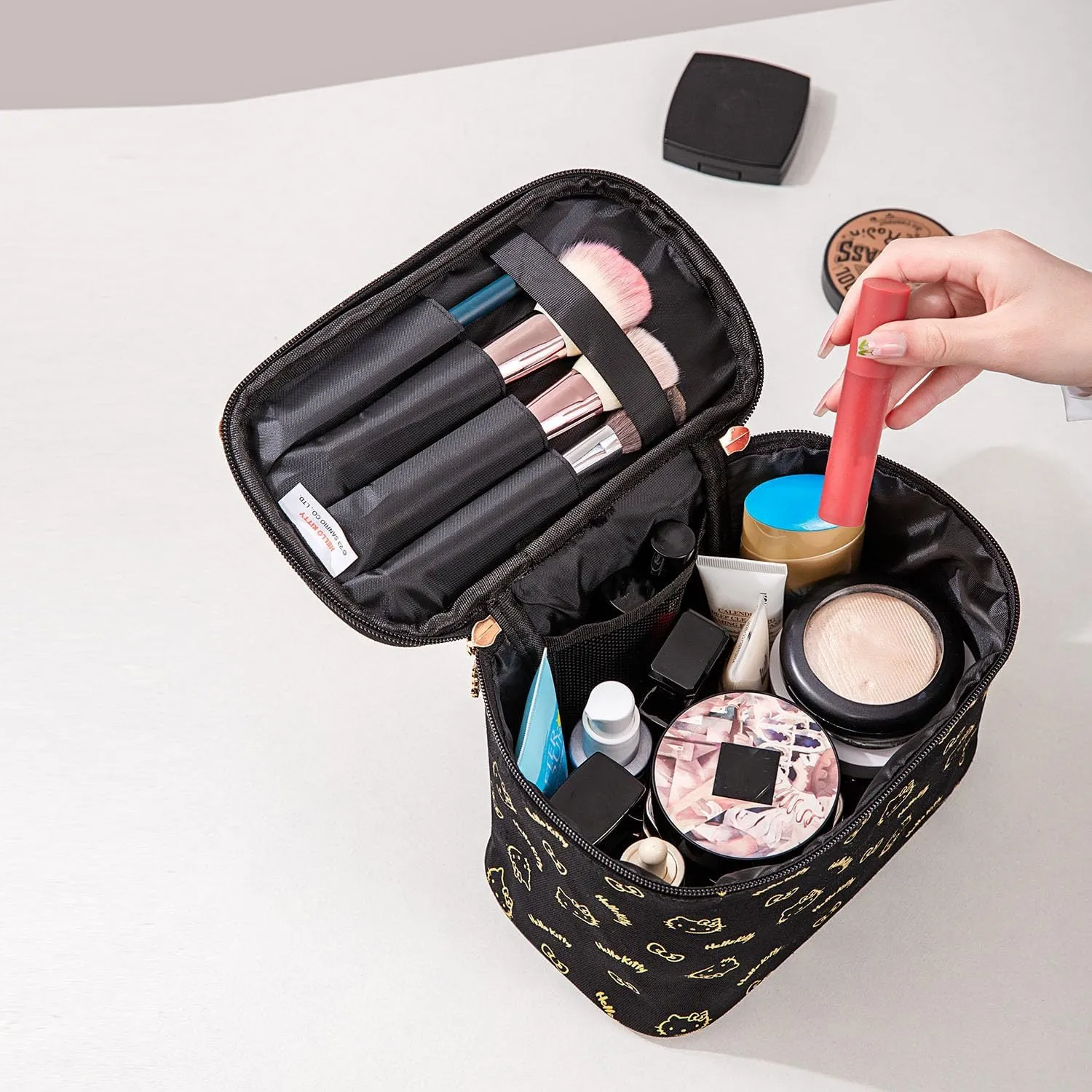 AmBealla Make up Bag Travel Cosmetic Bags Brush Holder Zipper Pouch Case Organizer Cute Organizer Suitable for Purse for Women (Black 2PCS)