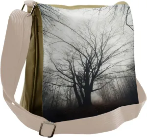 Ambesonne Nature Messenger Bag, Autumn Tree in Fog Dark, Unisex Cross-body