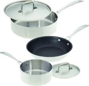American Kitchen - Stainless Steel Cookware Set - 3 Pan Set with 2 Covers (5 Pieces), includes 8-inch Nonstick Fry Pan, 10-inch Saute Pan, 2-quart Saucepan, Perfect for Small Kitchens, Made In America